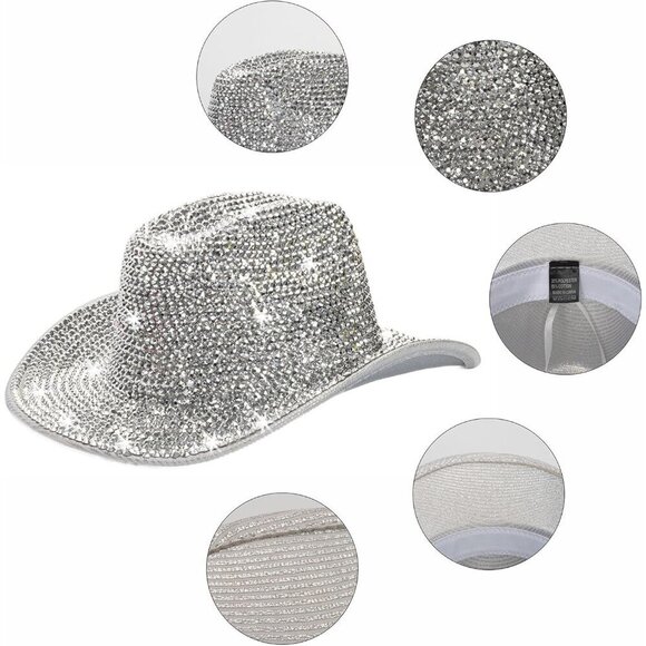Silver Rhinestone Cowboy Hat Women Glitter Disco Western Fashion Accessory main image 8